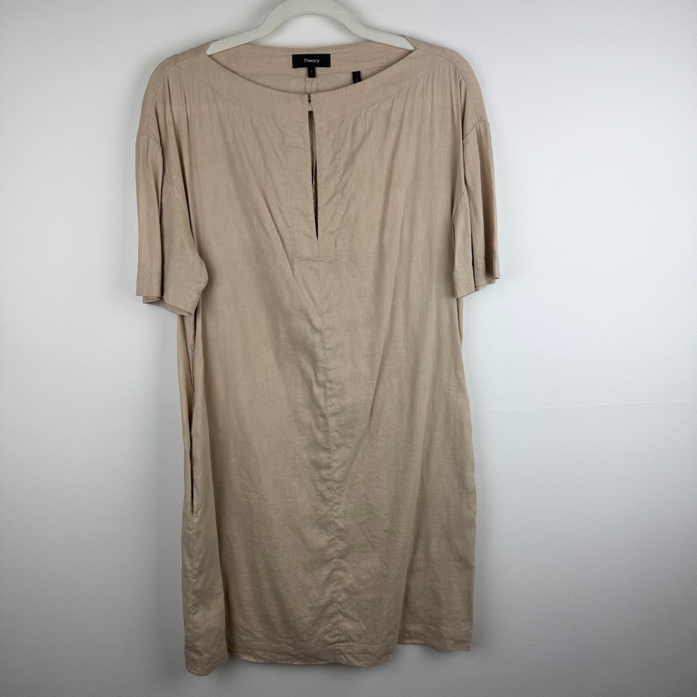 Theory Beige Linen Blend Shift Dress Minimalist Core Short Sleeve S